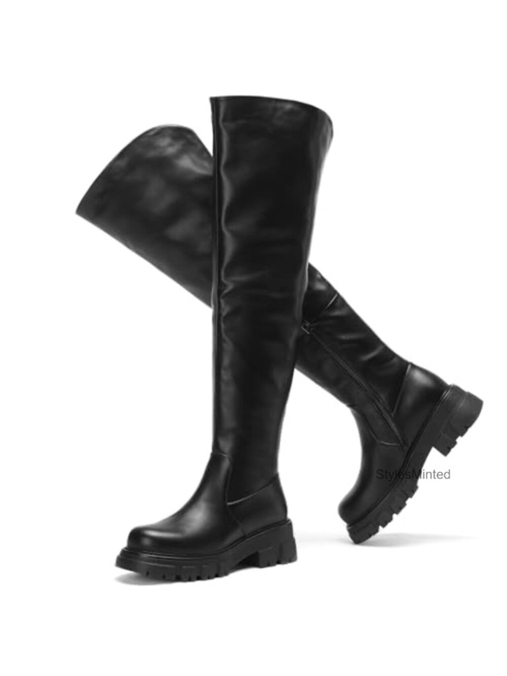 Black Thigh High Boots Women Platform Slouch Over Knee Lug Sole Chunky Heel